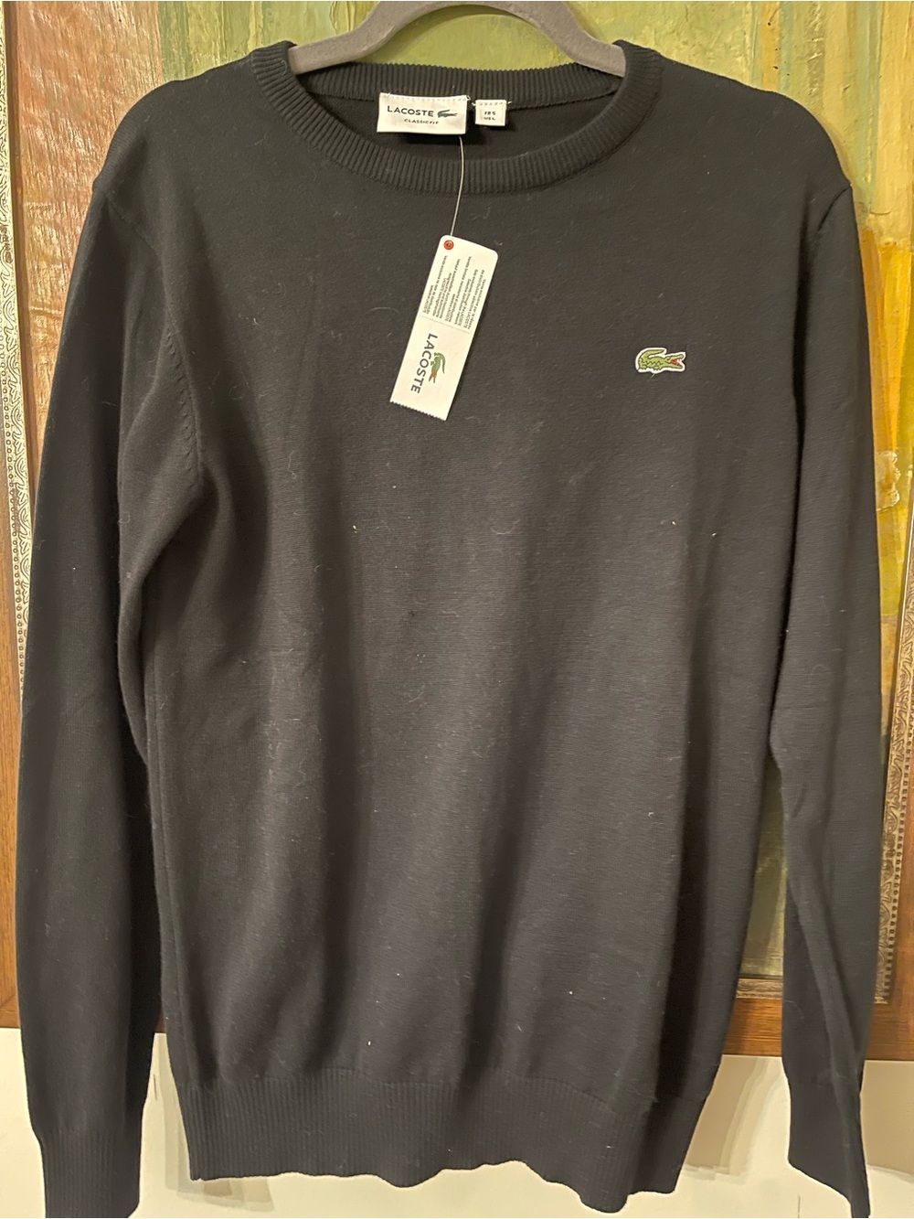 Lacoste Men's Black Crewneck Sweater with Green Croc Logo